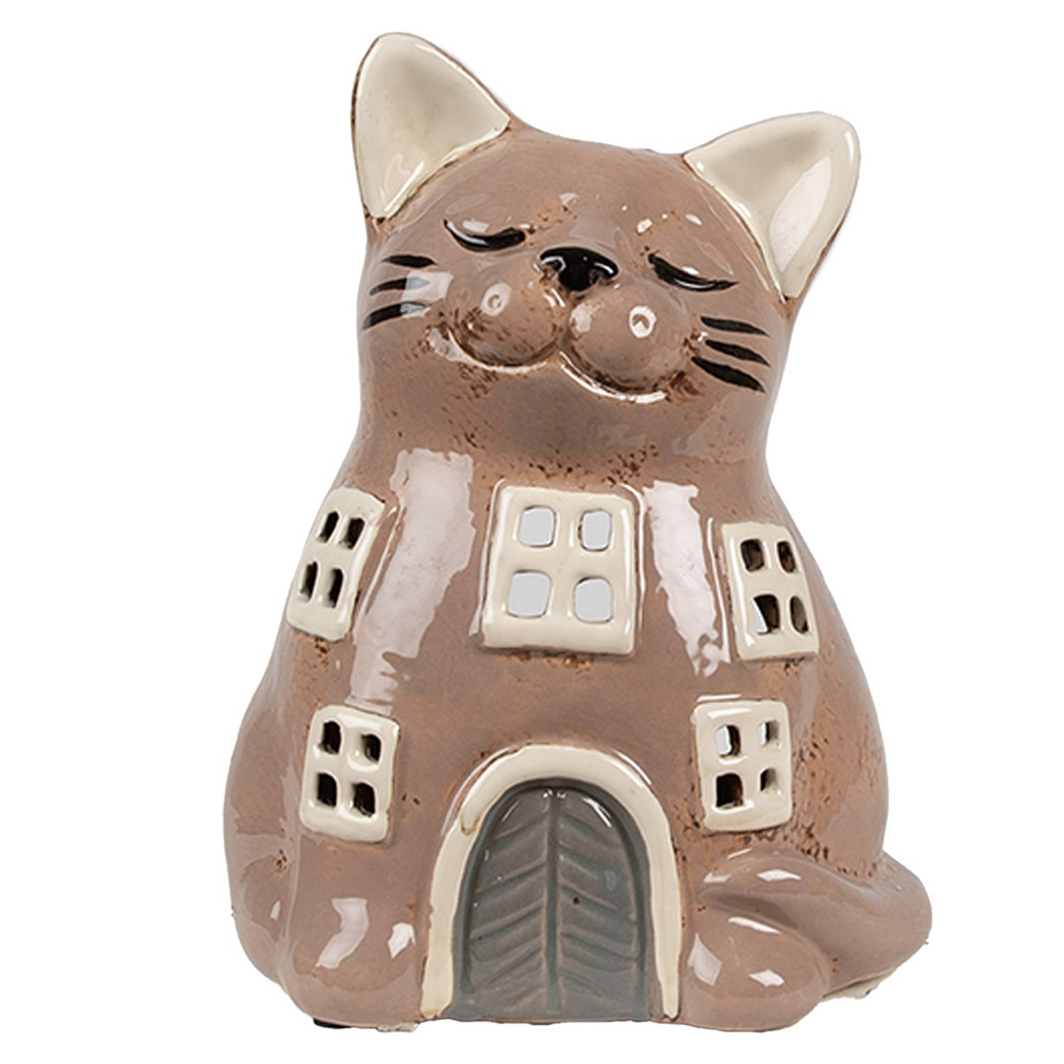 Clayre & Eef Waxinelichthouder Kat 14x12x18 cm Bruin Keramiek Theelichthouder