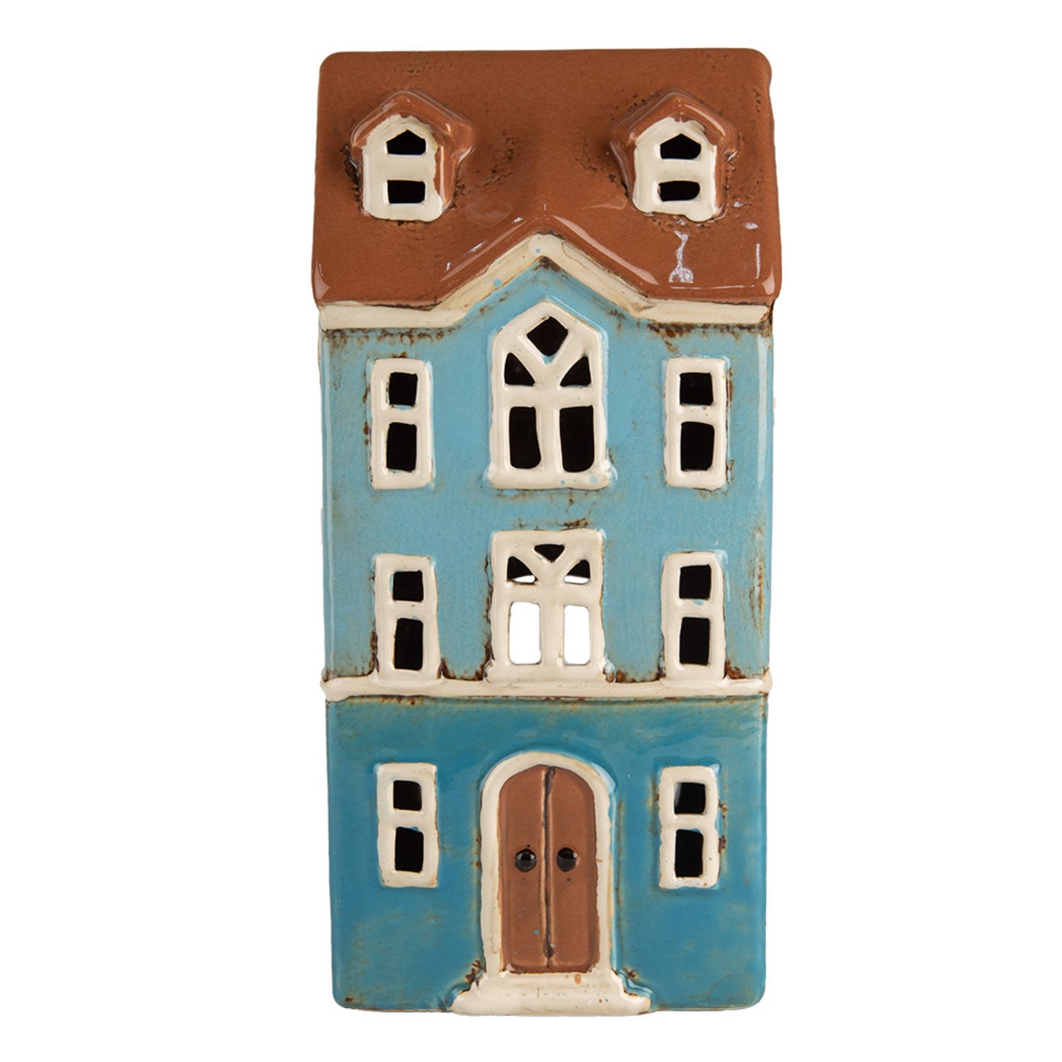 Clayre & Eef Waxinelichthouder Huis 11x9x22 cm Blauw Bruin Keramiek Theelichthouder