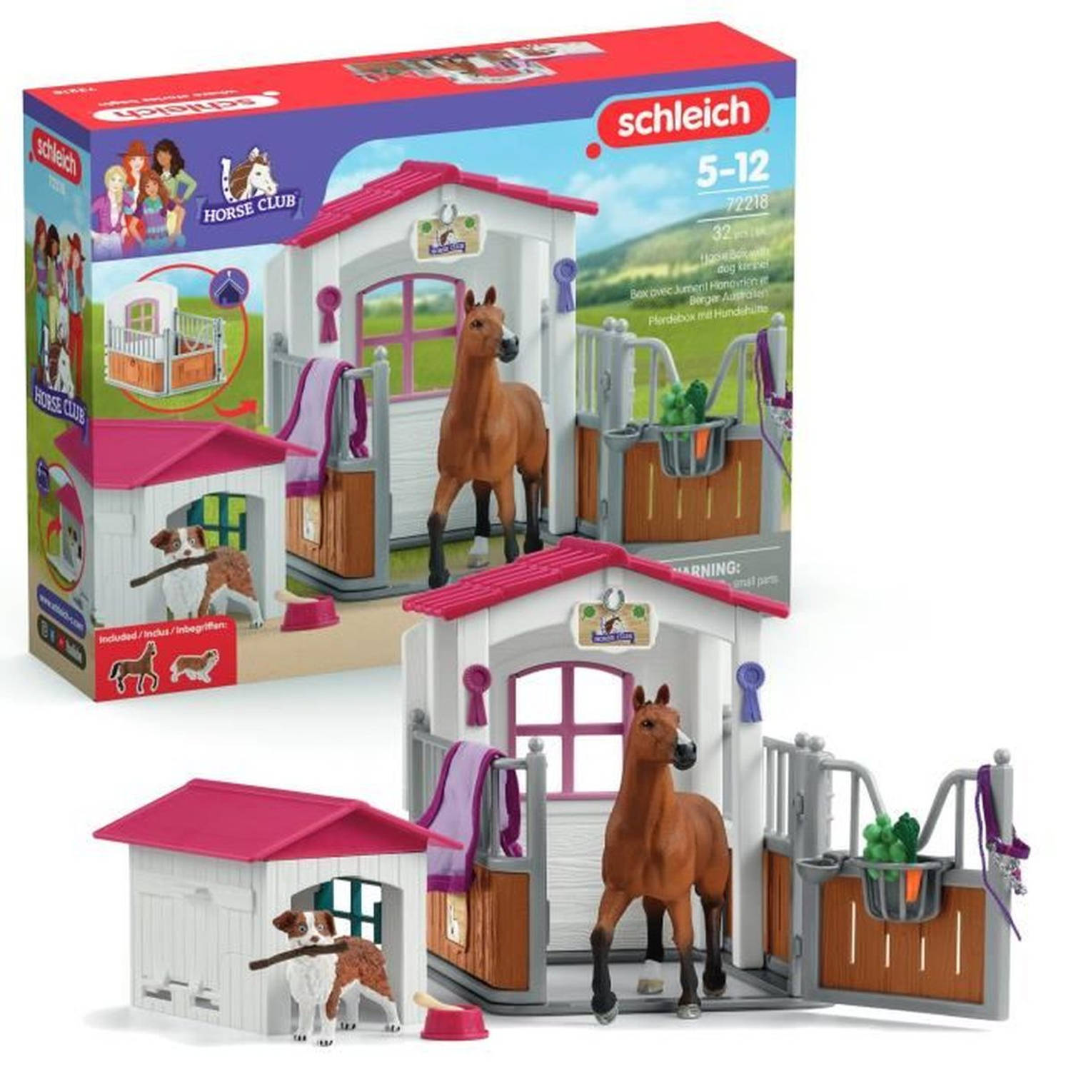 Doos met Hannoveraanse merrie en Australische herder, paardenbeeldje en accessoires, SCHLEICH 72218 Horse Club, 5 jaar