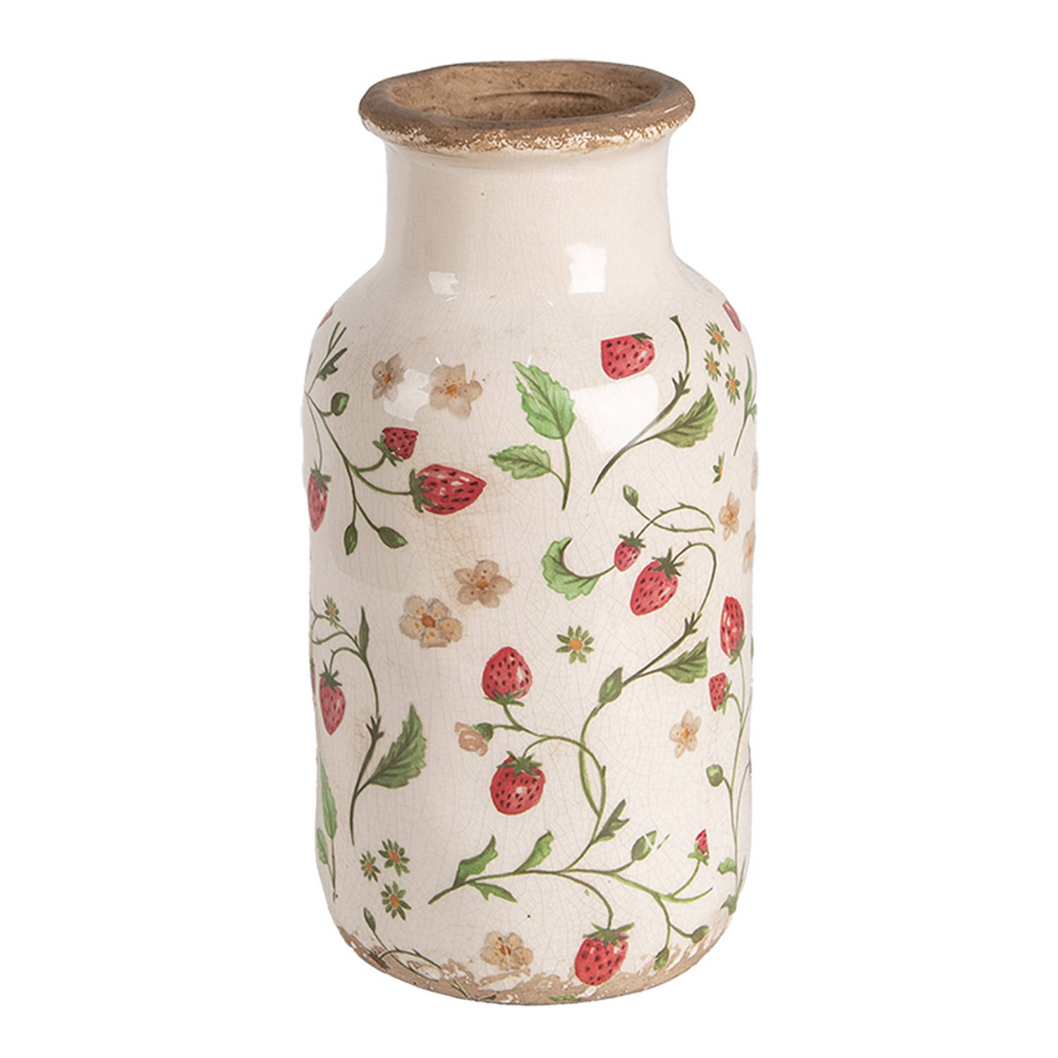 Clayre & Eef Vaas Ø 14x26 cm Beige Rood Keramiek Aardbeien