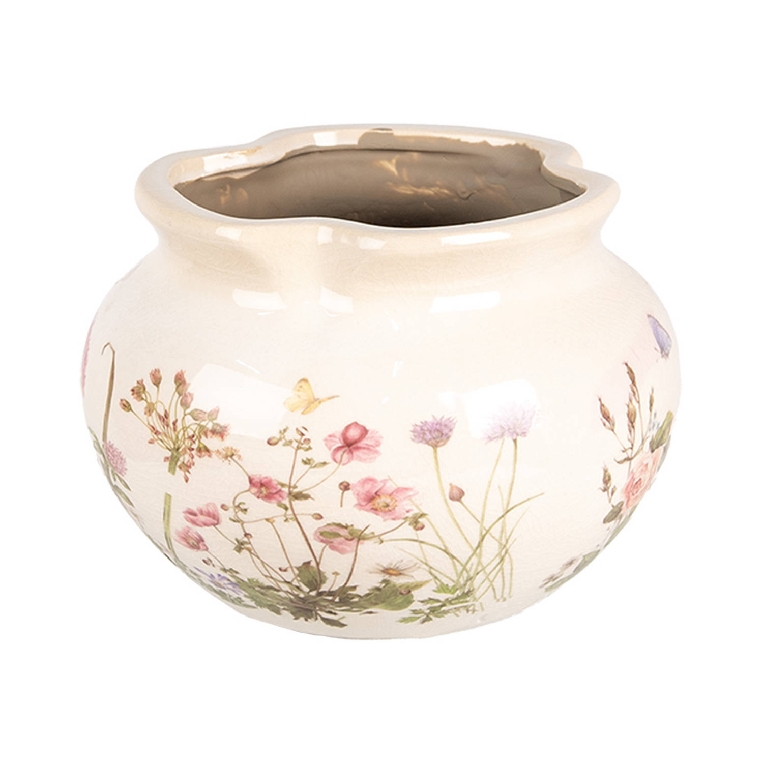 Clayre & Eef Bloempot Ø 20x14 cm Beige Roze Keramiek Rozen Bloempot Binnen