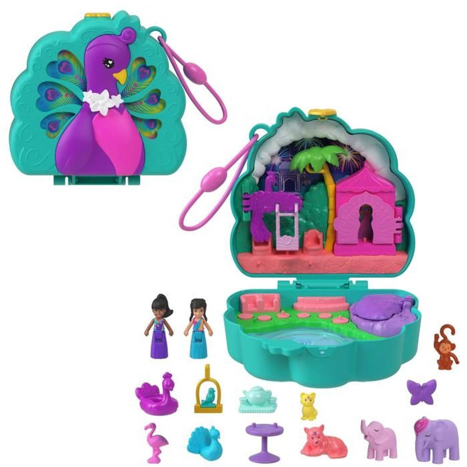 Polly Pocket-The Peacock Garden-Box 2 minifiguren en dieren HWN97