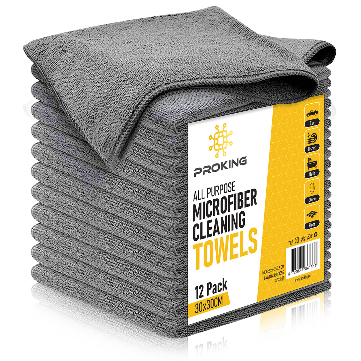 PROKING Microvezeldoeken - 12 stuks 30 X 30 - 300gsm - Schoonmaakdoekjes - Microvezeldoekjes - Wasbaar - Auto / Schoonmaak Huishouden