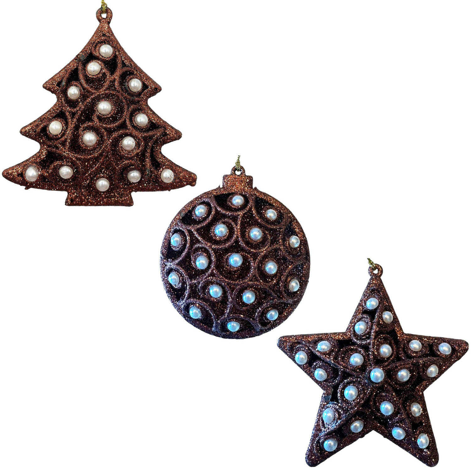 HEM Brons Handgemaakte Kerstornament set - Kerstballen - Kersthanger - Kerstversiering - Klassieke kerstversiering - Kerstboom - Ster - Bal met Parels en Glitters opengewerkt