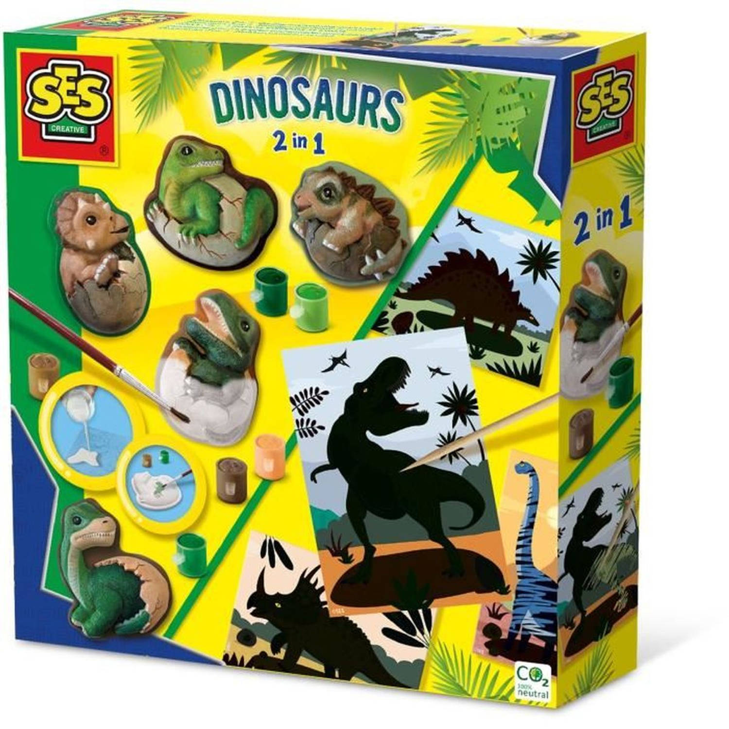 SES - Dino's 2 in 1 - Gieten en schilderen en scratch - gedetailleerde gietmal - sneldrogend gips - grote scratch kaarten - knutselen jongens - Dinosaurus Speelgoed