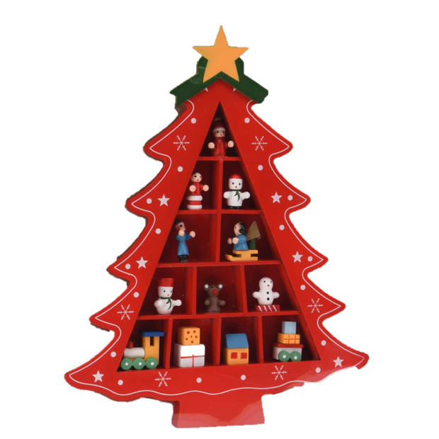 Decoratie kerstboompje - rood - met ornamenten - H30,5 cm - hout - Houten kerstbomen