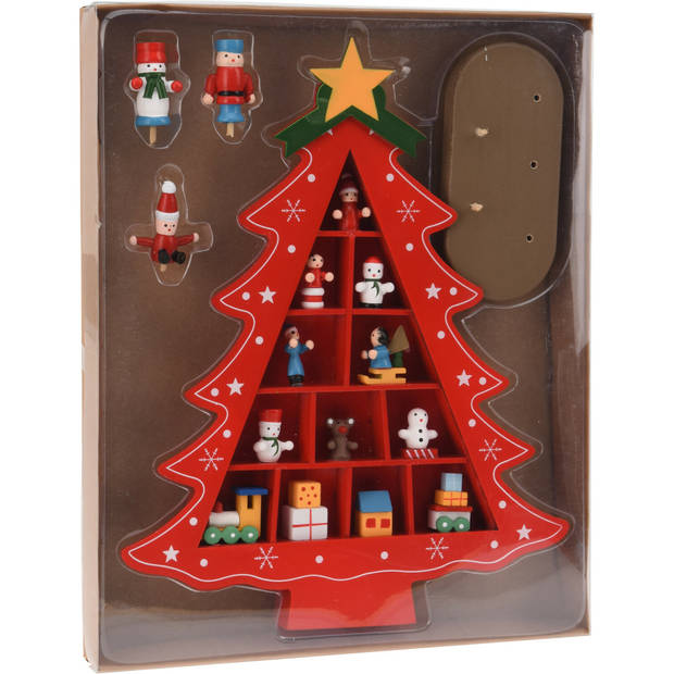 Decoratie kerstboompje - rood - met ornamenten - H30,5 cm - hout - Houten kerstbomen