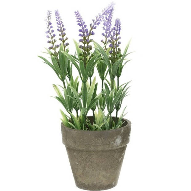 Groene/lilapaarse Lavandula lavendel kunstplanten 25 cm met grijze beton pot - Kunstplanten