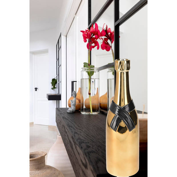 HS Collection Bloemenvaas Champagne fles - keramiek - zwart/goud - 11 x 39 cm - feestelijke vaas - Vazen