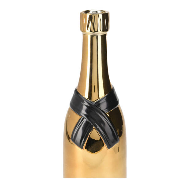 HS Collection Bloemenvaas Champagne fles - keramiek - zwart/goud - 11 x 39 cm - feestelijke vaas - Vazen