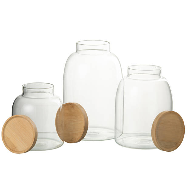 J-line - Pot In Glas Tom Glas/bamboo Transparant/naturel Large - 15x15x23.2cm