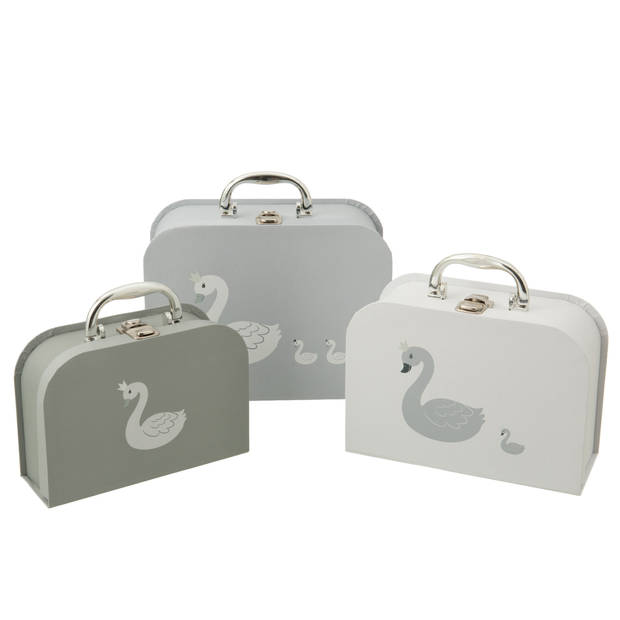 J-line - Set Van 3 Koffers Zwaan Papier Wit/grijs - 23x10x19cm