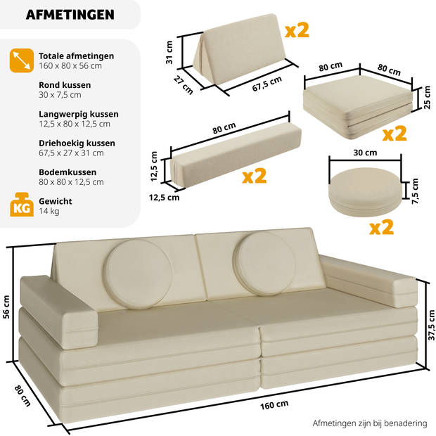 tectake® Speelbank Lilly - Modulair Peutermeubilair - Kinderbank, Kinderfauteuil, Kindersofa 160cm - Beige