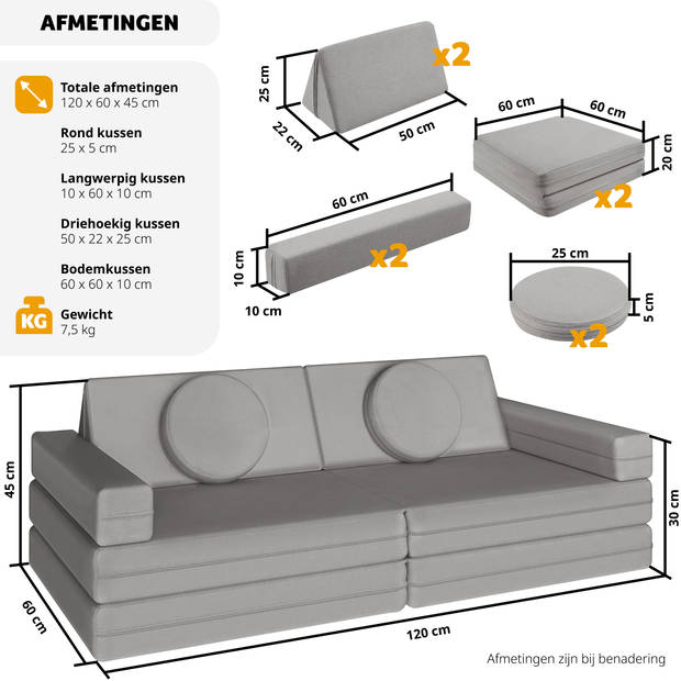 tectake® Speelbank Lilly - Modulair Peutermeubilair - Kinderbank, Kinderfauteuil, Kindersofa 120cm - Grijs