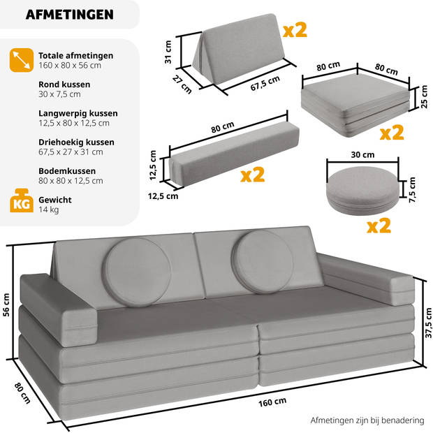 tectake® Speelbank Lilly - Modulair Peutermeubilair - Kinderbank, Kinderfauteuil, Kindersofa 160cm - Grijs