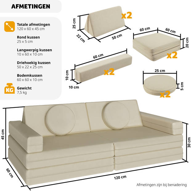 tectake® Speelbank Lilly - Modulair Peutermeubilair - Kinderbank, Kinderfauteuil, Kindersofa 120cm - Beige