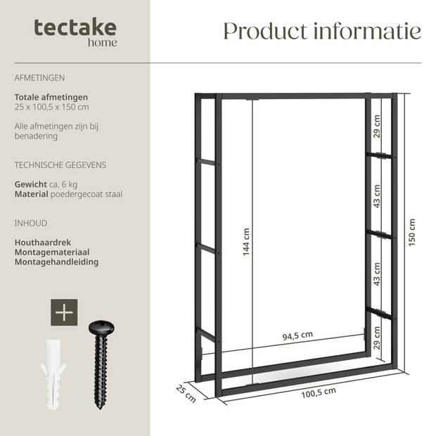 tectake® Haardhoutrek - Houtopslag 100,5x25x150cm - Industrieel - Voor Binnen & Buiten - Stabiel & Onderhoudsvriendelijk