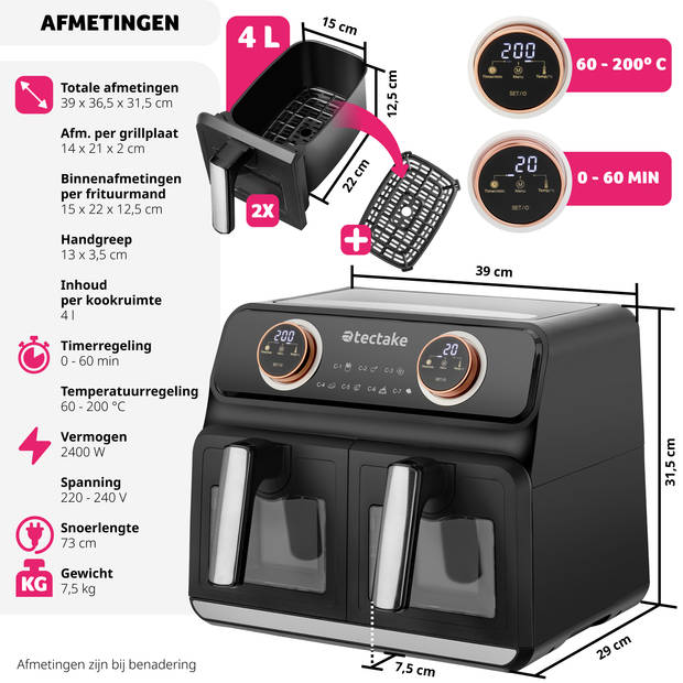 tectake® Dubbele Airfryer Samurai - 8L XXL Heteluchtfriteuse - 2400W, 2 Lades, 7 Programma's, Dual Zone Technologie