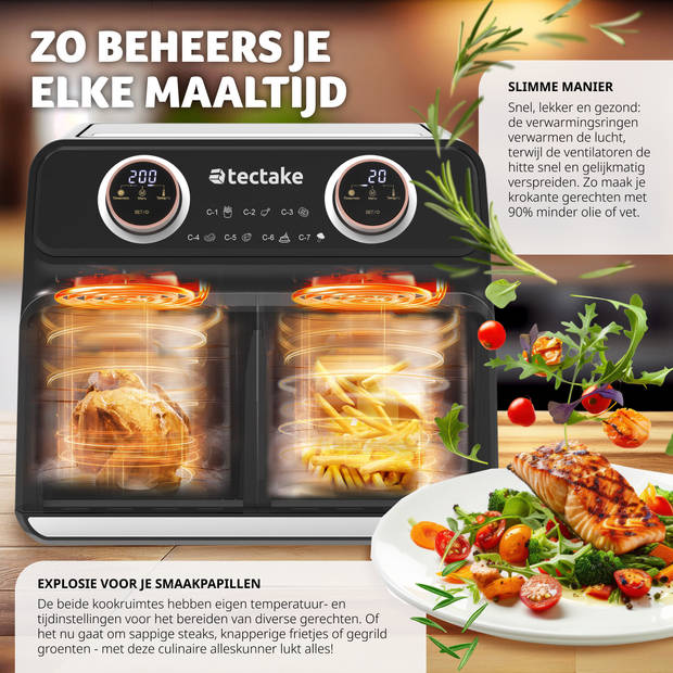 tectake® Dubbele Airfryer Samurai - 8L XXL Heteluchtfriteuse - 2400W, 2 Lades, 7 Programma's, Dual Zone Technologie