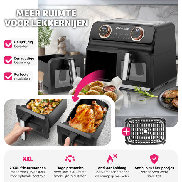 tectake® Dubbele Airfryer Samurai - 8L XXL Heteluchtfriteuse - 2400W, 2 Lades, 7 Programma's, Dual Zone Technologie