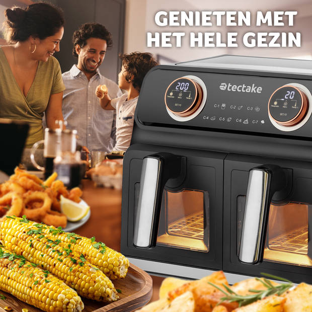 tectake® Dubbele Airfryer Samurai - 8L XXL Heteluchtfriteuse - 2400W, 2 Lades, 7 Programma's, Dual Zone Technologie