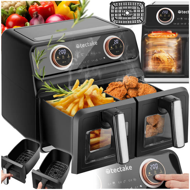 tectake® Dubbele Airfryer Samurai - 8L XXL Heteluchtfriteuse - 2400W, 2 Lades, 7 Programma's, Dual Zone Technologie