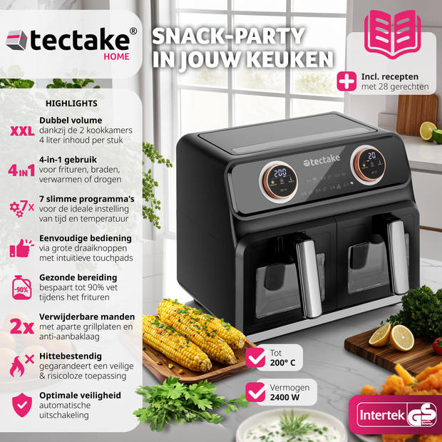 tectake® Dubbele Airfryer Samurai - 8L XXL Heteluchtfriteuse - 2400W, 2 Lades, 7 Programma's, Dual Zone Technologie