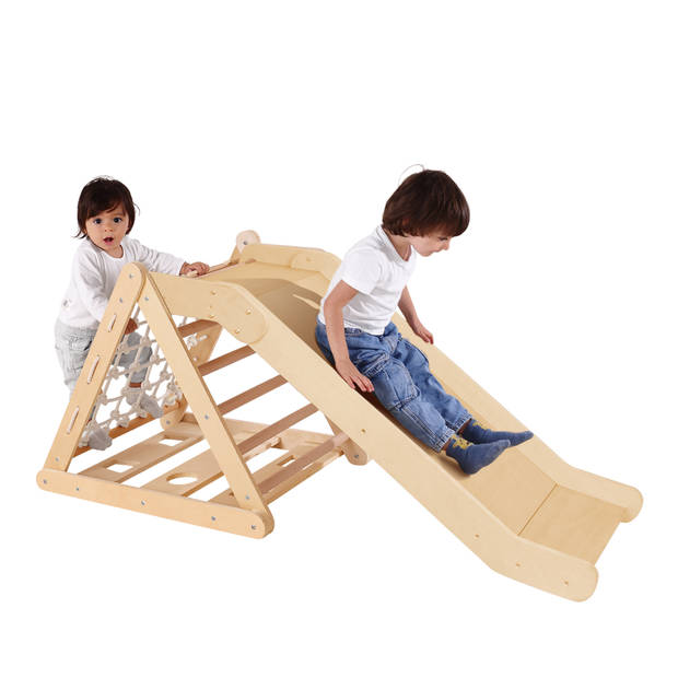 Sunny Sammie 2-in-1 Klimdriehoek met Glijbaan van Hout Naturel Indoor Klimrek voor Kinderen