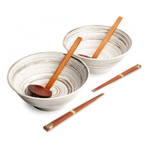 Luxe - Ramenbowlset - Uzu Wit - 2 Persoons - 6 Delig - Ø22 cm H9 cm - Ramen - Ramen bowl