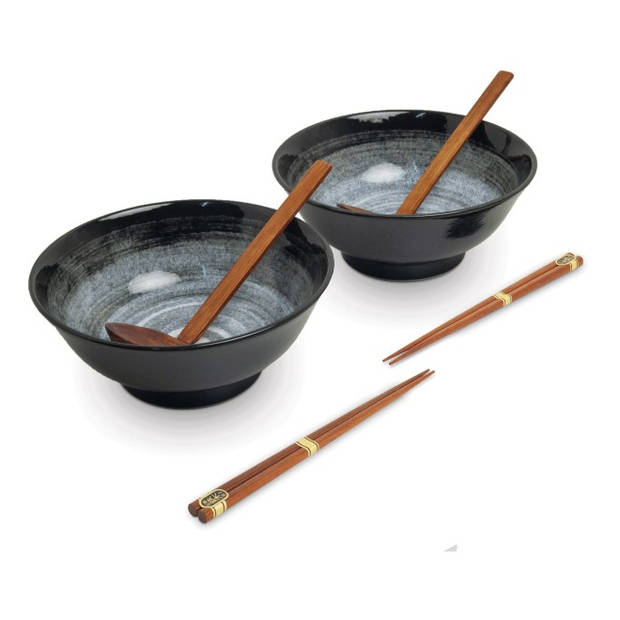 Luxe - Ramenbowlset - Kuro - 2 Persoons - Ramen bowl set - 6 Delig - Ø22 cm H9 cm - Ramen - Ramen bowl