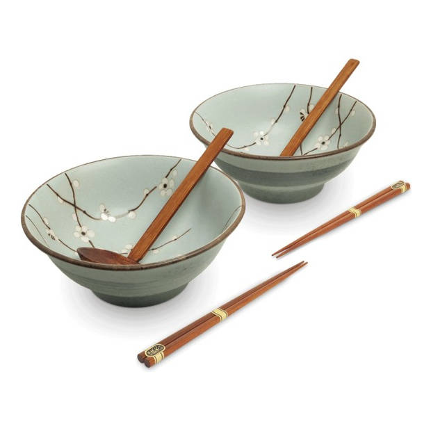 Luxe - Ramenbowlset - Hana Licht Groen - 2 Persoons - Ramen bowl set - 6 Delig - Ø22 cm H9 cm - Ramen - Ramen bowl