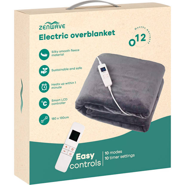 Zenwave Elektrische Deken 180x130cm - Omslagdeken Grijs - 10 standen Warmtedeken - Ultra Zachte Fleece Warmte Deken