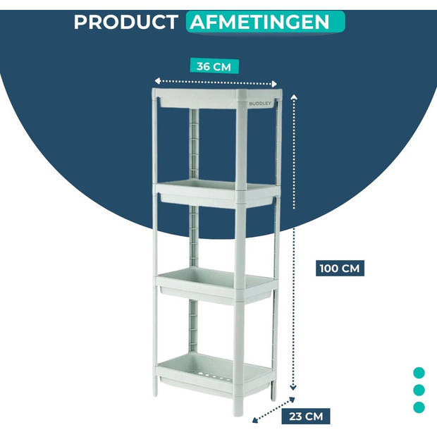 BUDDLEY® Badkamerrek - Opbergrek Kunststof - Keuken rekje - Badkamerkast 4 laags - Wandrek Staand - Soft green