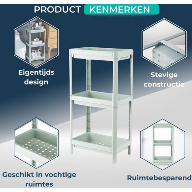 Badkamerrek - Opbergrek Kunststof - Keuken rekje - Badkamerkast 3 laags - Wandrek Staand - Soft green