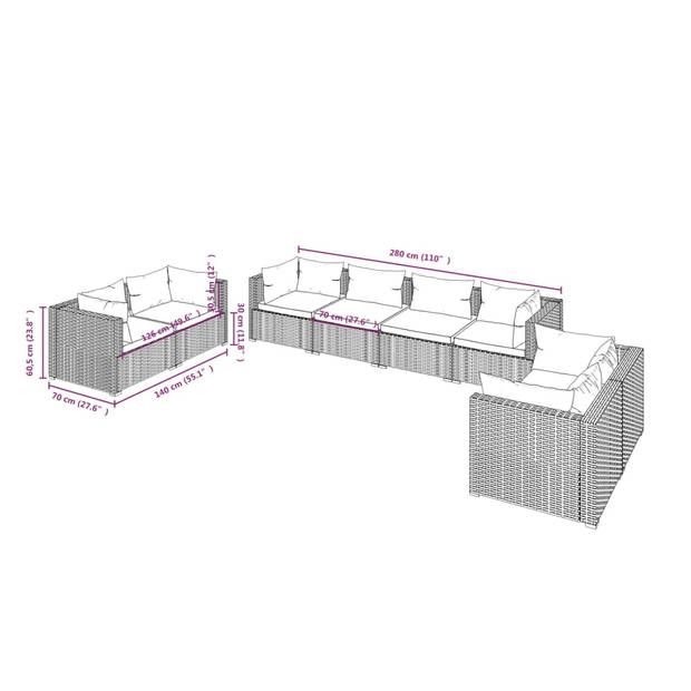 vidaXL 8-delige Loungeset met kussens poly rattan bruin