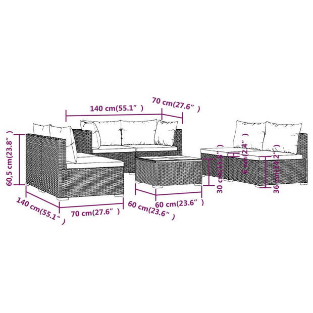 vidaXL 7-delige Loungeset met kussens poly rattan bruin