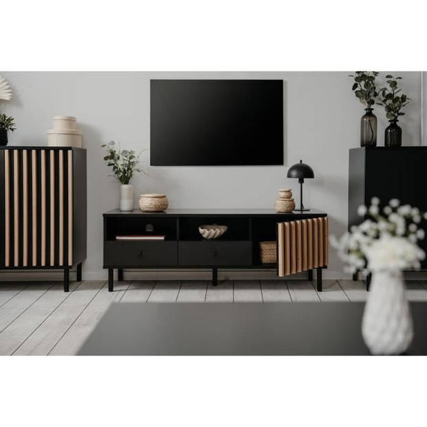 TV-meubel - MONZA - Zwart/Artisan eikenhout - 2 lades, 2 open nissen, 1 deur - 138 x 49 x 40 cm