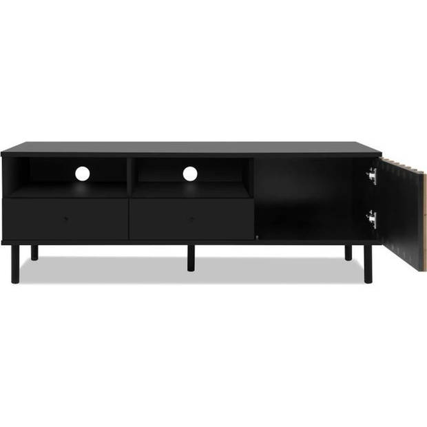 TV-meubel - MONZA - Zwart/Artisan eikenhout - 2 lades, 2 open nissen, 1 deur - 138 x 49 x 40 cm