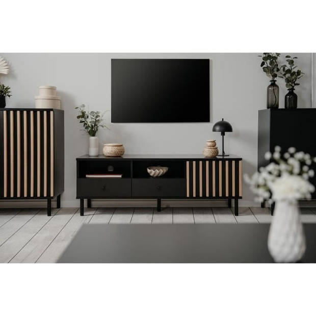 TV-meubel - MONZA - Zwart/Artisan eikenhout - 2 lades, 2 open nissen, 1 deur - 138 x 49 x 40 cm