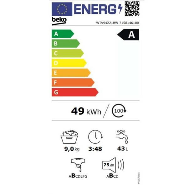 BEKO WTV94221BW patrijspoortwasmachine - 9 kg - Inductie - L 60 cm - 1400 tpm - Klasse A - Wit