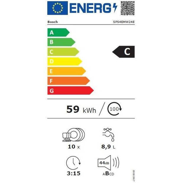 BOSCH SPS4EMW24E SER4 vrijstaande vaatwasser - 10 couverts - Inductie - L45cm - 44 dB - Klasse C - Wit