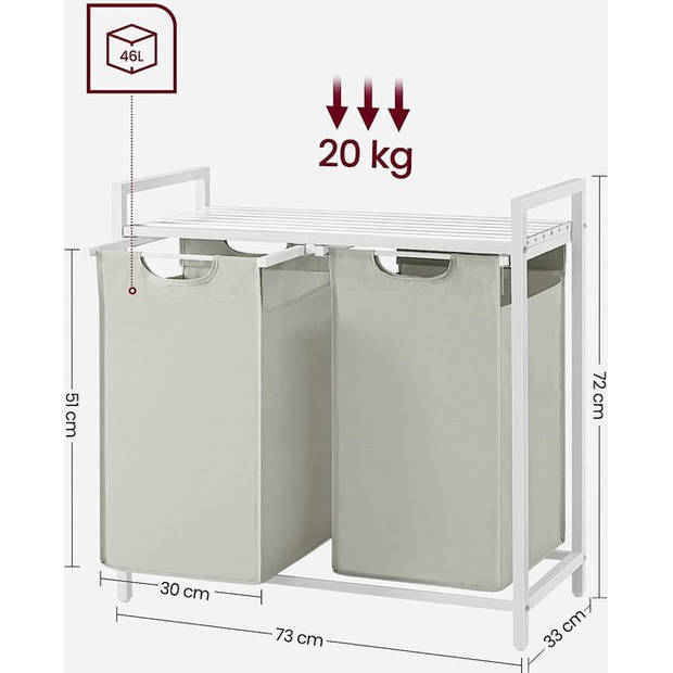 Parya Wasmand 2 compartimenten, wasmand met plank, waskast, oxford stof verwijderbaar metalen frame, 2 x 46L