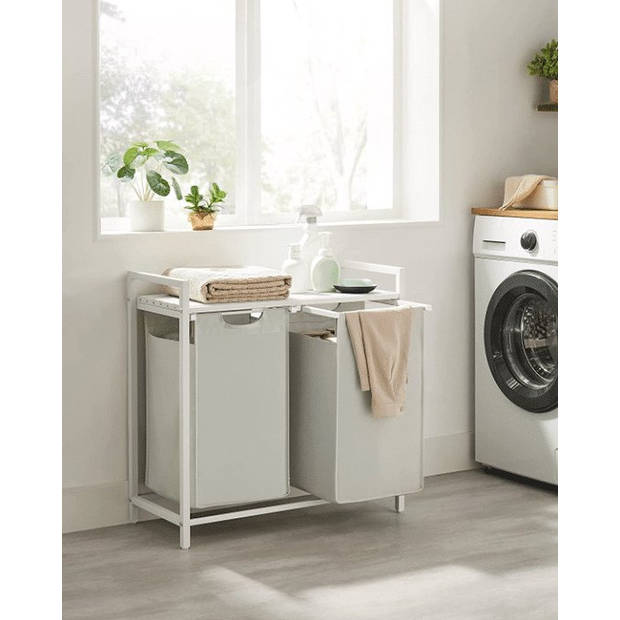 Parya Wasmand 2 compartimenten, wasmand met plank, waskast, oxford stof verwijderbaar metalen frame, 2 x 46L