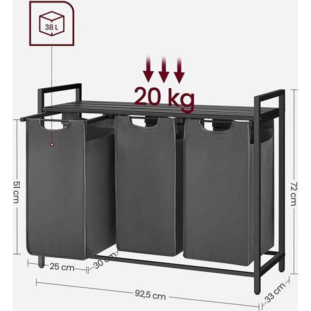 Parya Wasmand Met 3 Vakken, Uittrekbaar Wassorteerder, Afneembaar Waszak, 3 X 38L, 92,5 X 33 X 72 Cm, Zwart-Grijs