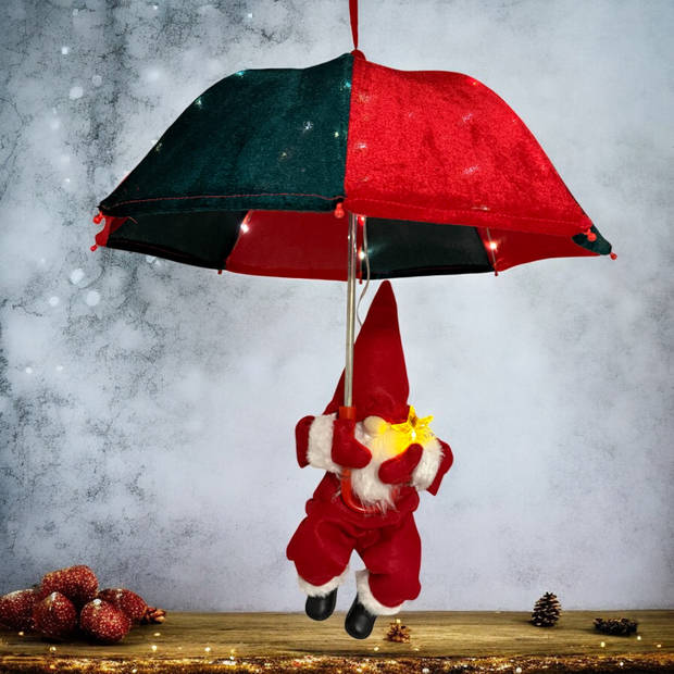 Gnomebrella Kerstgnome Kerstkabouter met Led verlichting - H60 x D50 cm - Rood / Groen