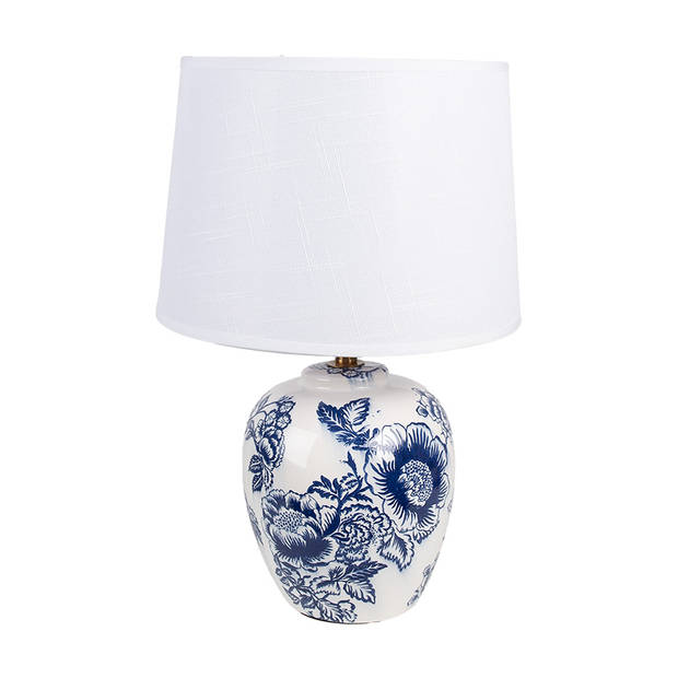 Clayre & Eef Tafellamp Ø 28x42 cm Wit Blauw Keramiek Bureaulamp Wit Bureaulamp