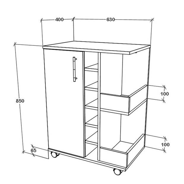 Esilo keukenmodule op wielen 1 deur, 2 planken, 6 wijnplanken eik decor, wit.