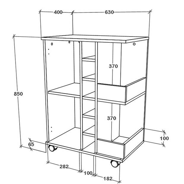 Esilo keukenmodule op wielen 1 deur, 2 planken, 6 wijnplanken eik decor, wit.