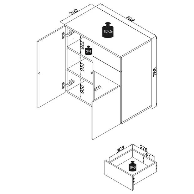 Dalosa4DT dressoir 2 deuren 2 laden grijs.