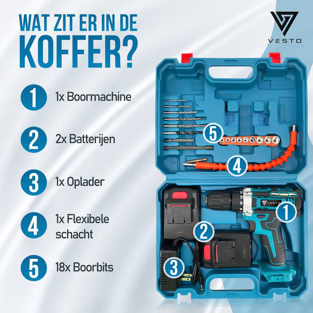 Vesto® PowerDrive Accuboormachine - Accu Schroefboormachine - Boormachine – Elektrische Schroevendraaier - Accuboortol